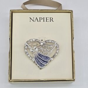 Napier Silver and Blue Heart Angel Brooch Christmas New Gift Box